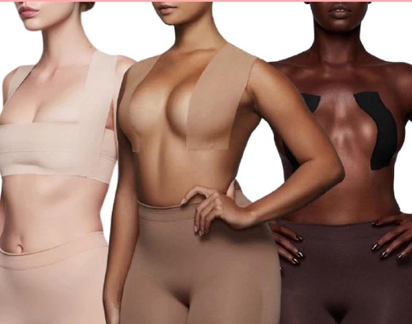 drie vrouwen dragen boobtape in verschillende huidtinten